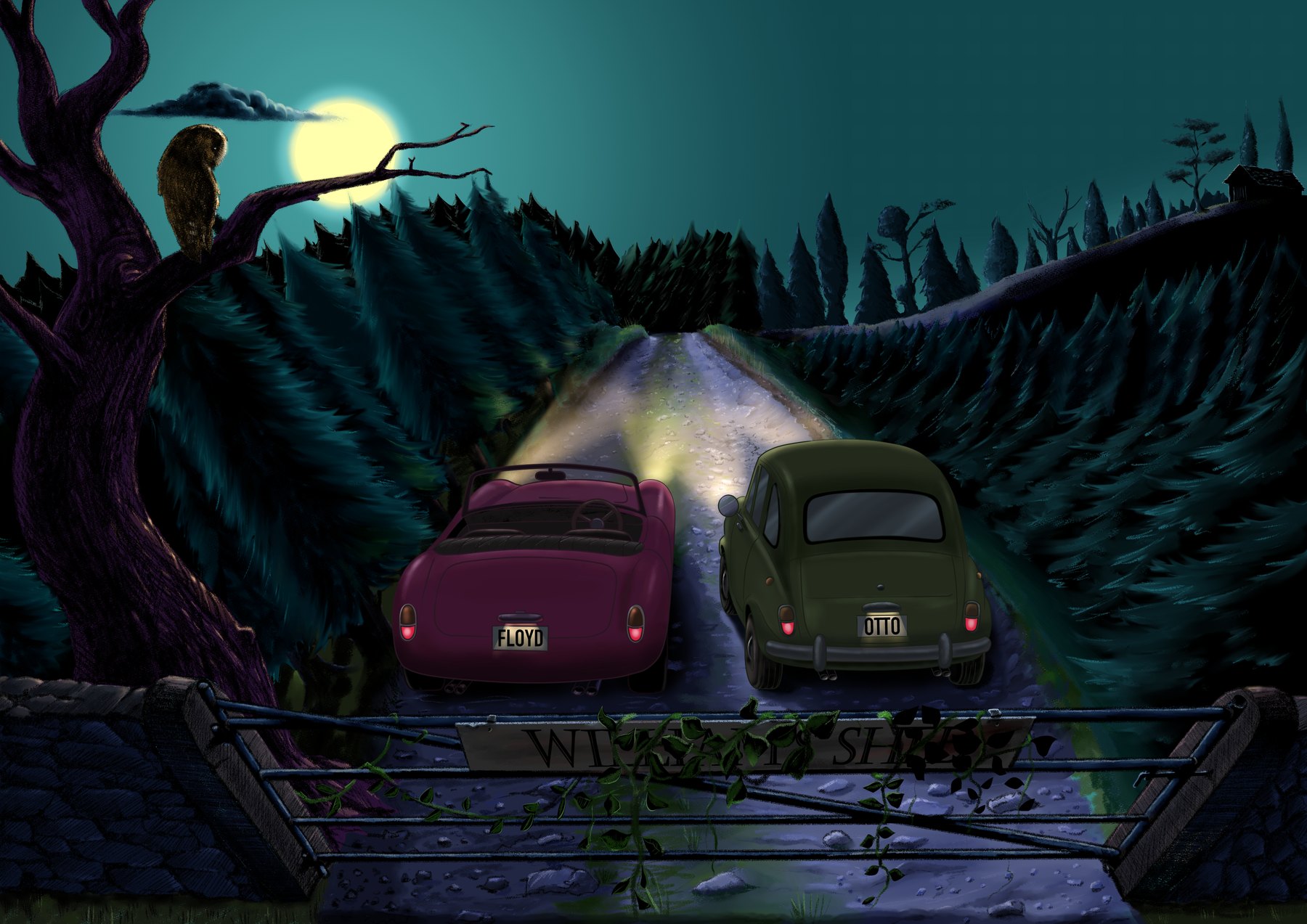Floyd and Otto on the road to Witches Shed, from the artist